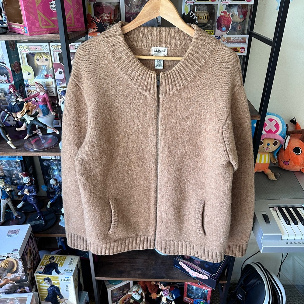 Vintage L.L.Bean Tan Shetland Wool Zip Sweater Men’s XL Distressed - Picture 1 of 11